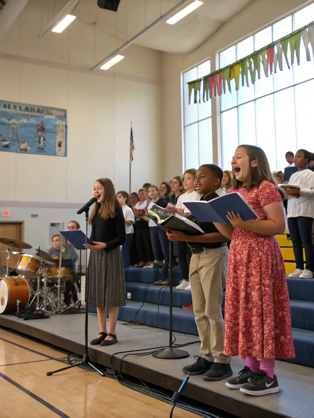 A photo of a community choir performing on a local stage, showcasing a diverse group of singers with smiles on their faces.