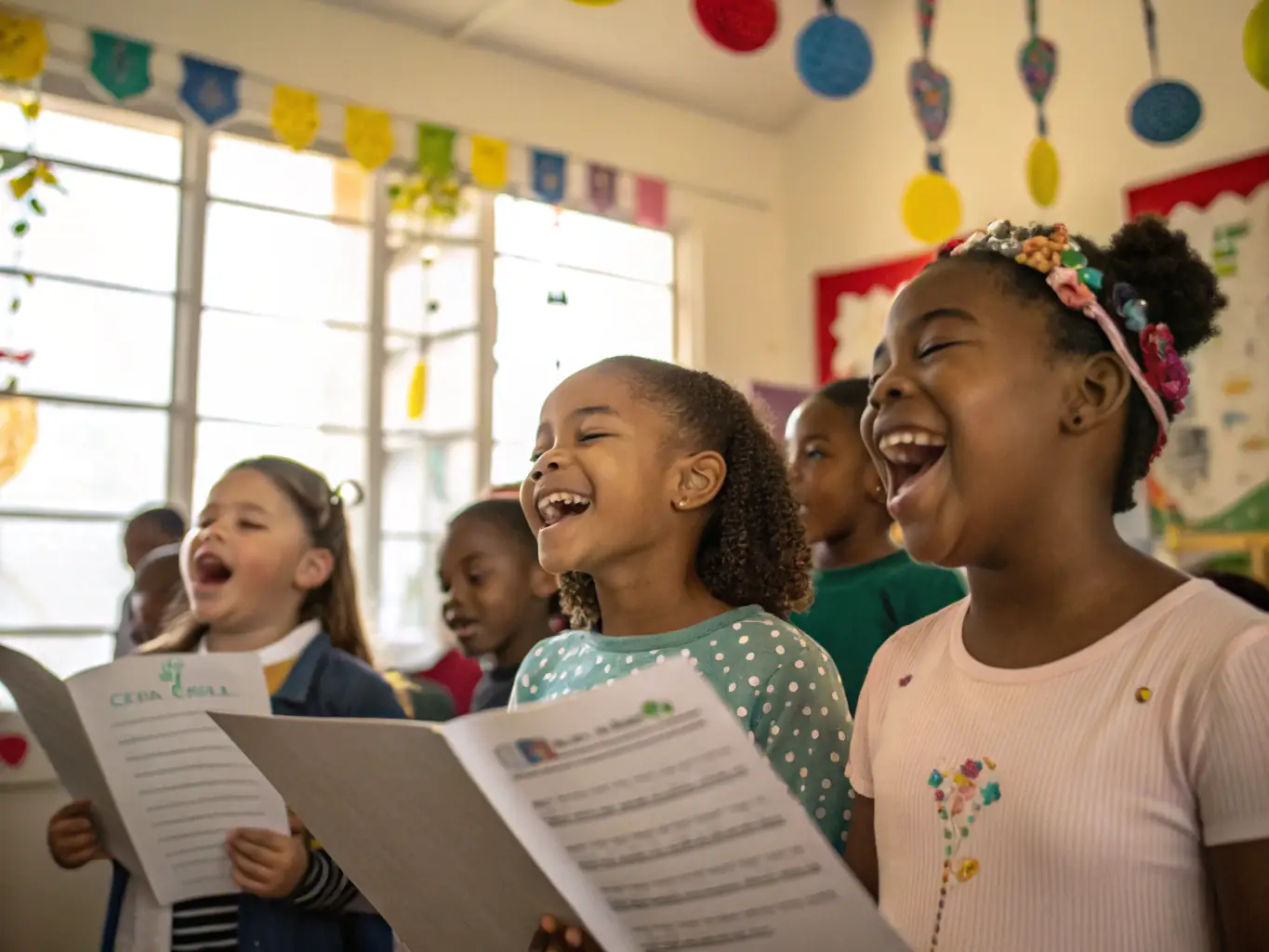 A vibrant image depicting a children's choir performing on stage, showcasing the joy and community spirit fostered by MUSIQUE JE T’AIME's youth programs.