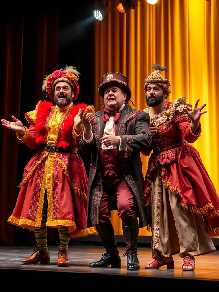 A scene from a musical theatre production, with actors in costume on stage, demonstrating MUSIQUE JE T’AIME's involvement in theatrical arts.