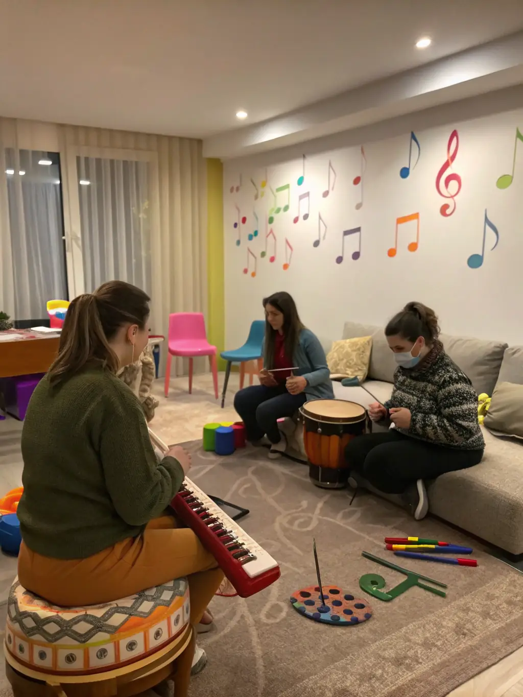 A picture of a music therapy session, showing a therapist working with a patient using musical instruments to improve their well-being.