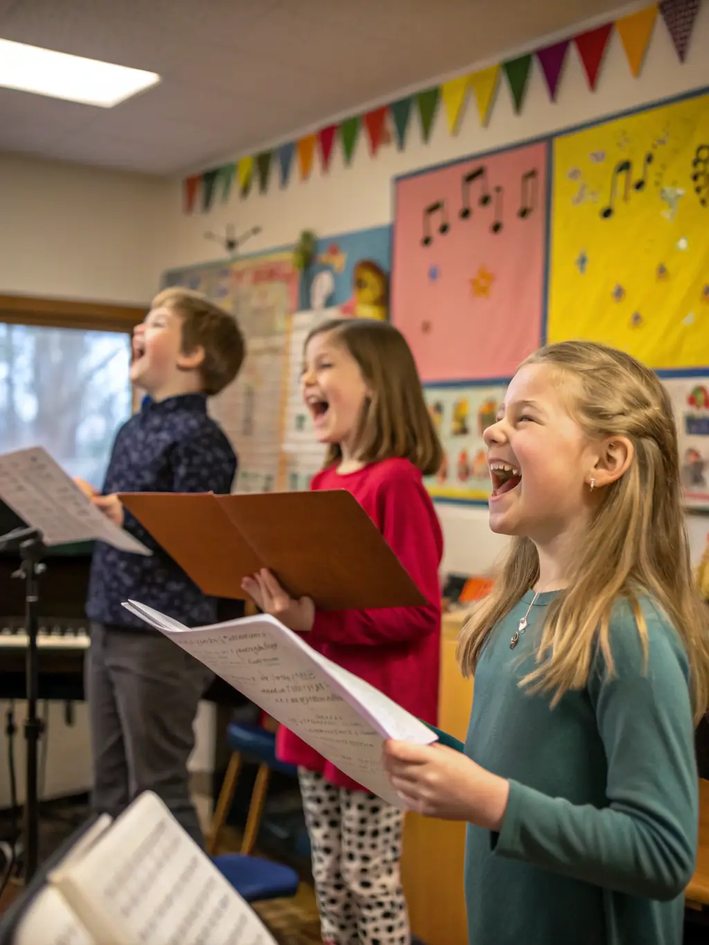 A vibrant photo of a children's choir rehearsing, led by a conductor, in a brightly lit community hall, showcasing MUSIQUE JE T’AIME's commitment to youth music education.