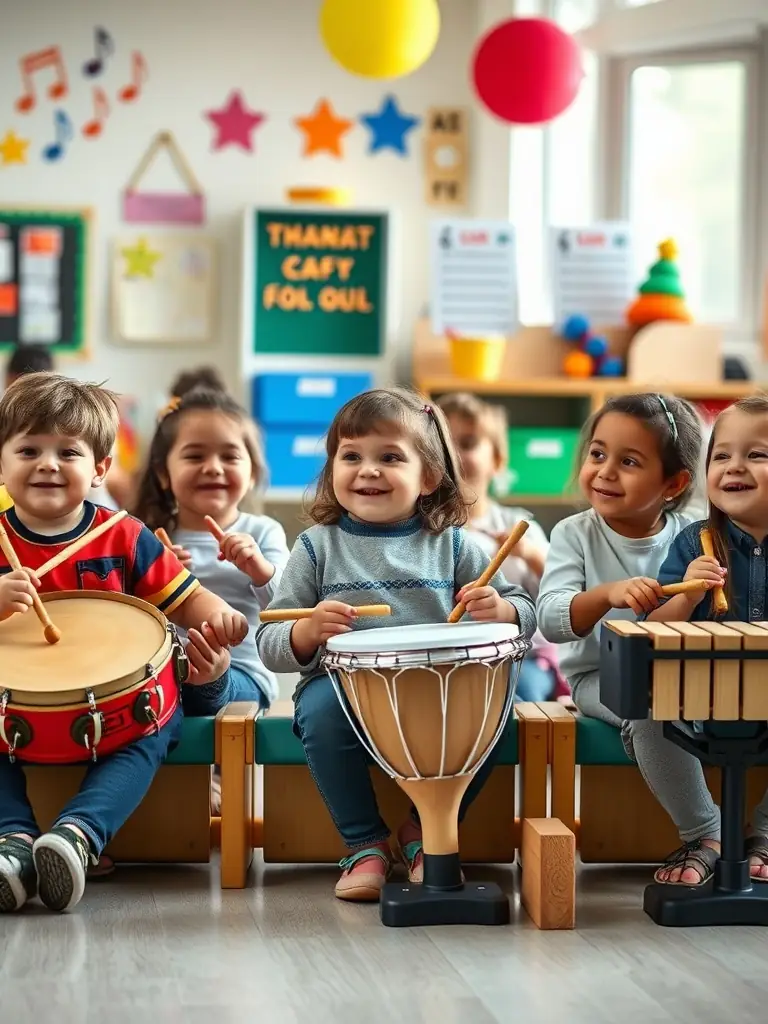 A photograph capturing a children's music workshop in progress, with kids playing various instruments and a facilitator guiding them with enthusiasm.