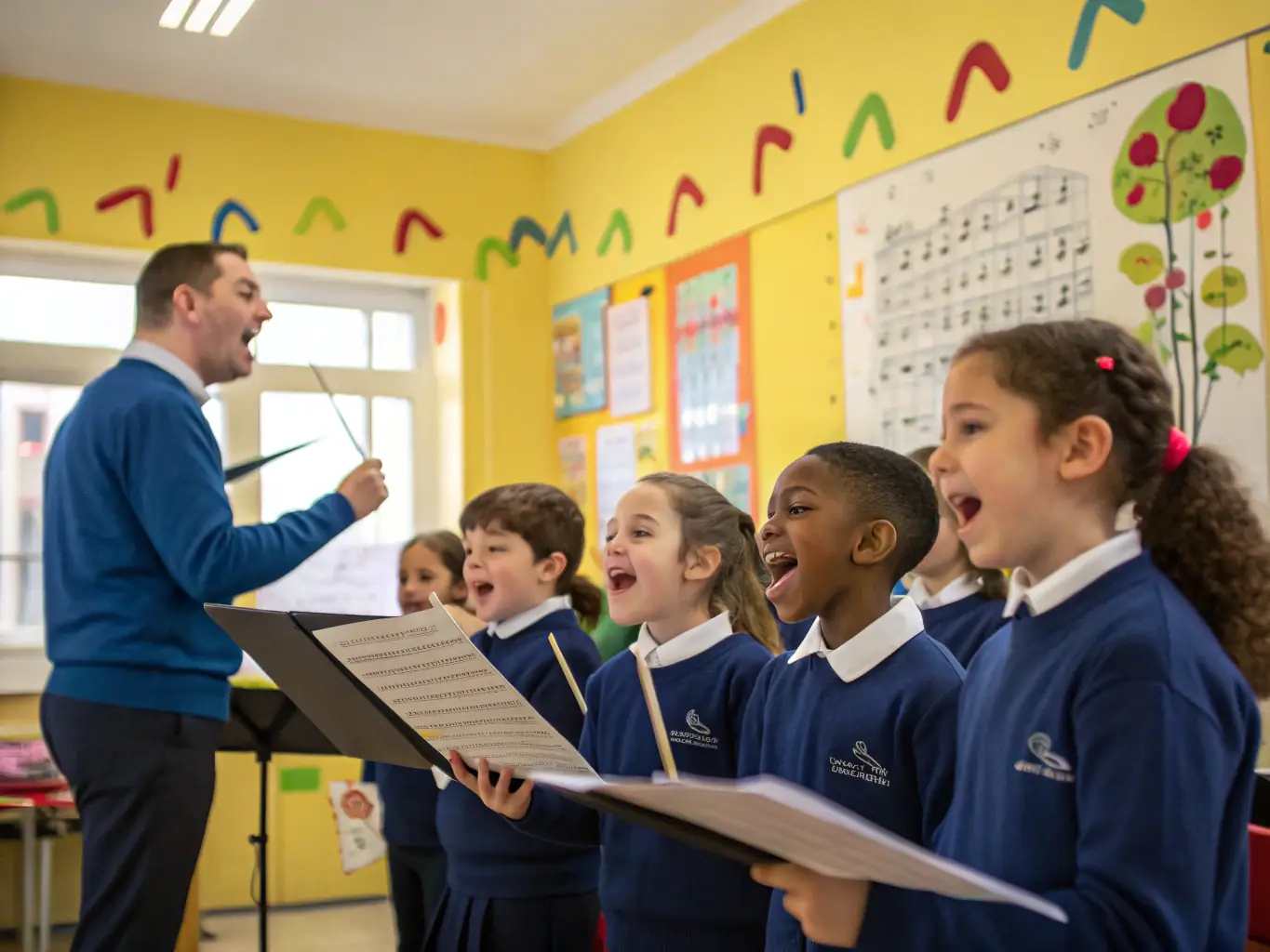 A vibrant image depicting a children's choir rehearsing with a conductor, showcasing the joy and collaborative spirit of the MUSIQUE JE T’AIME's youth music program.