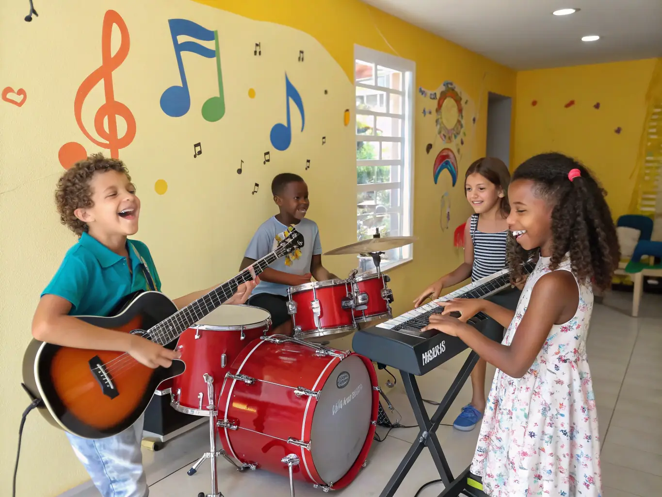 An image showing participants in a music therapy session, engaged in creating music with various instruments, illustrating the therapeutic benefits of music.