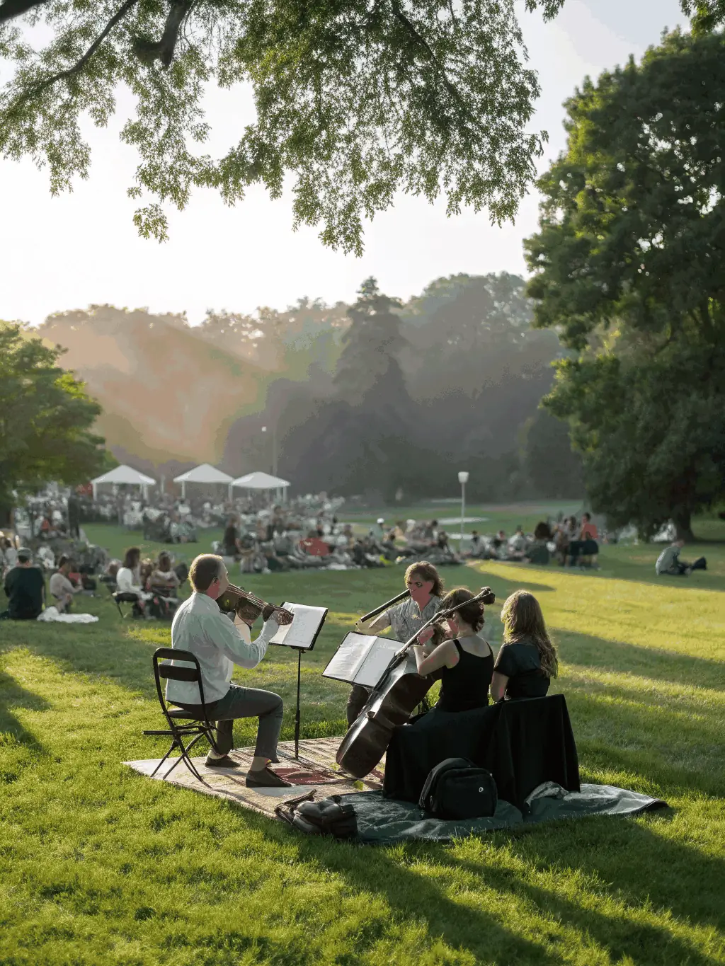 A string quartet performing in an outdoor setting, with an appreciative audience in the background, highlighting MUSIQUE JE T’AIME's support for live performances.