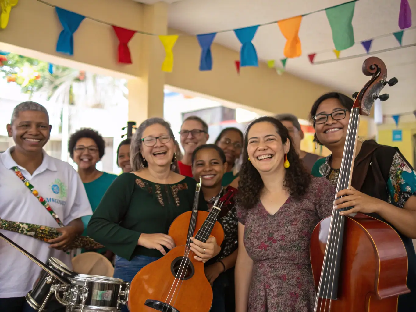 A dynamic image of a diverse group of people participating in a community drumming workshop, emphasizing MUSIQUE JE T’AIME's commitment to inclusive and accessible music-making.