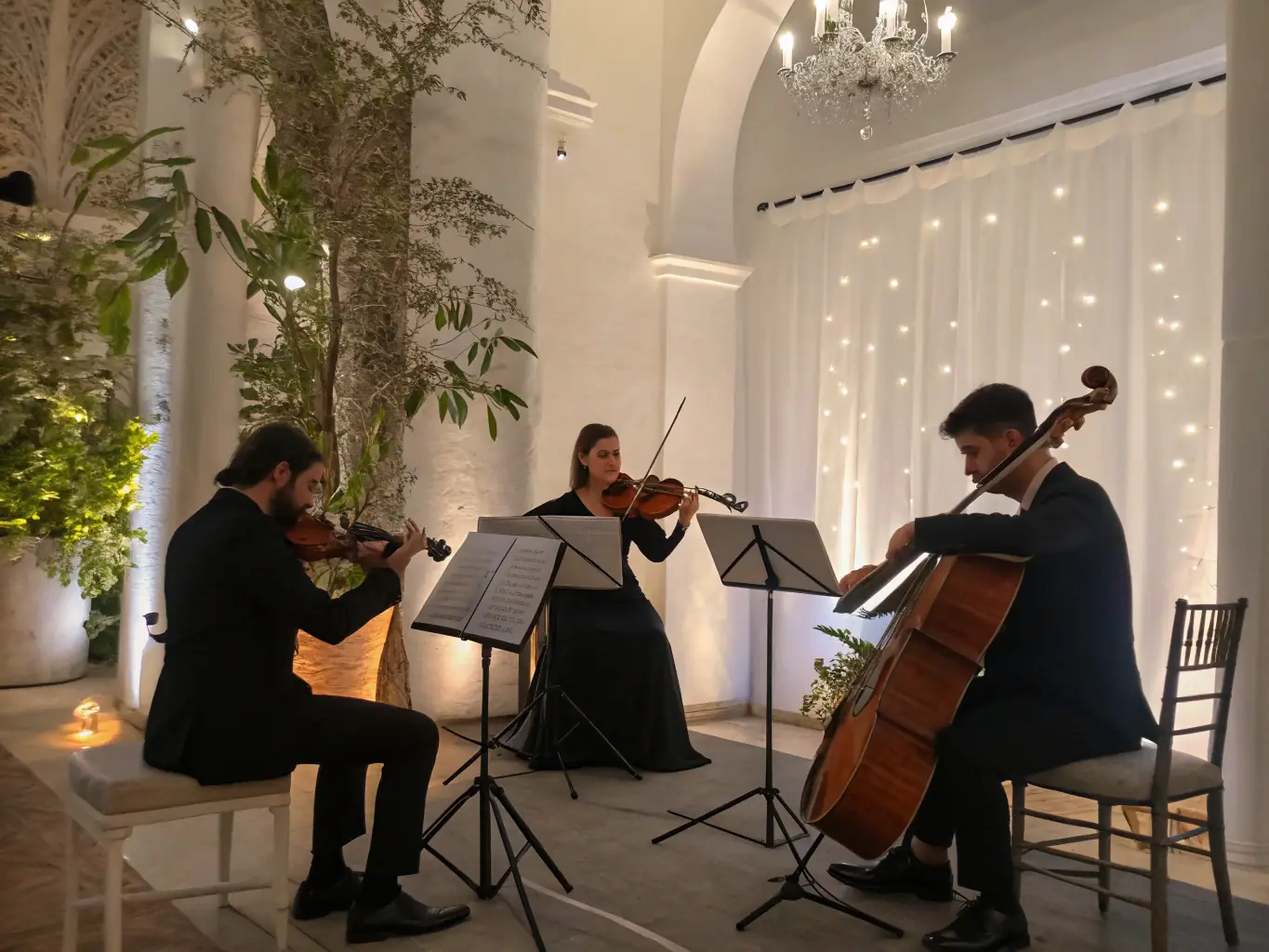A photograph capturing a string quartet performing in a local community center, highlighting MUSIQUE JE T’AIME's commitment to bringing classical music to diverse audiences.