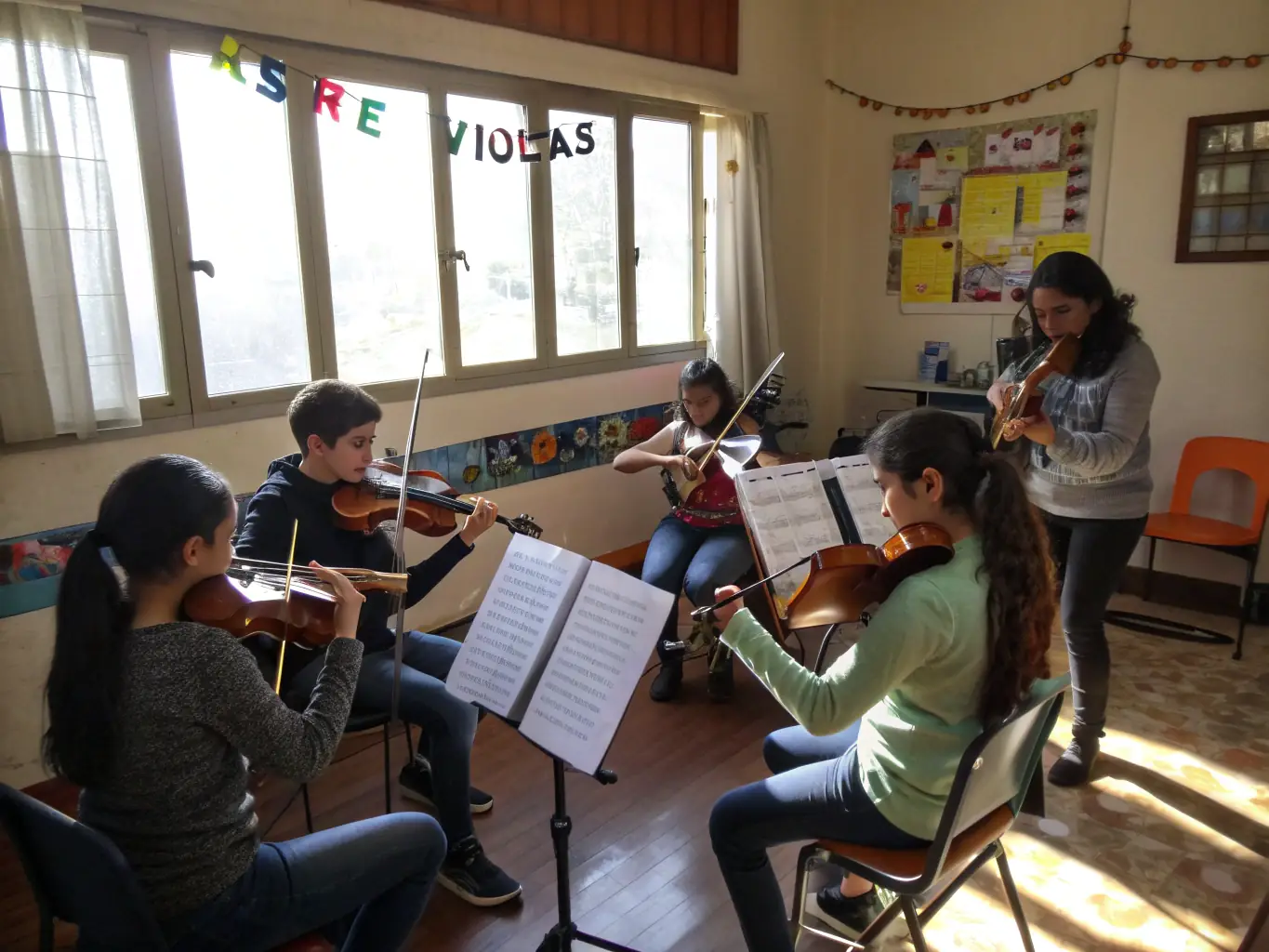 An image of a string quartet performing in an intimate setting, highlighting MUSIQUE JE T’AIME's support for local artists and chamber music.